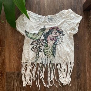🌟 3/$12 Distressed fringe crop top mermaid Sz S/P